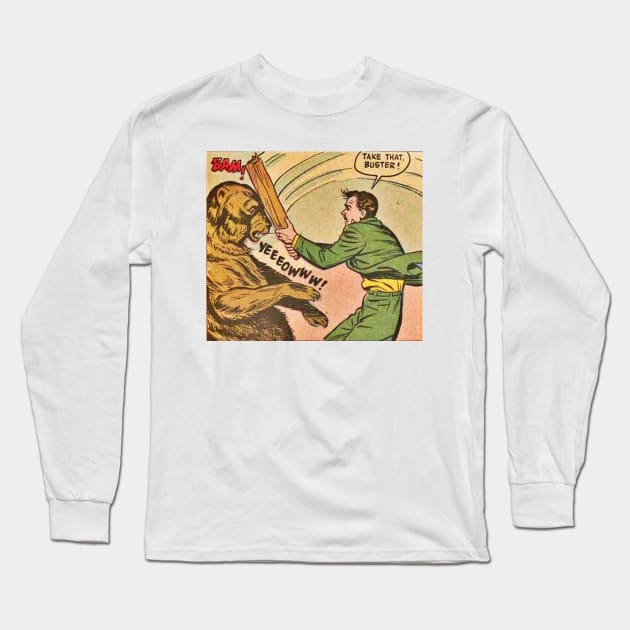 Comic Man versus Bear Long Sleeve T-Shirt by Comic Dzyns